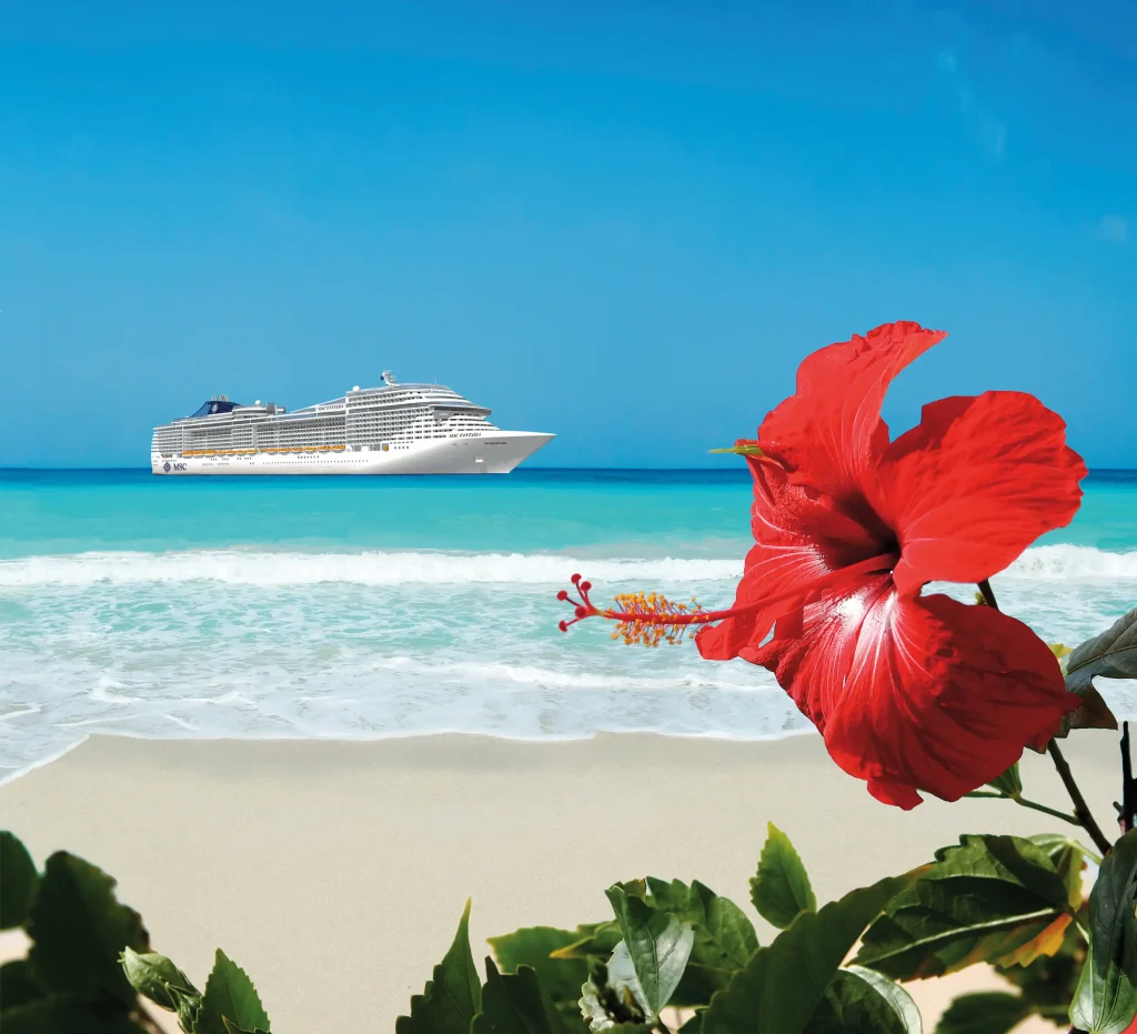 A vivid tropical beach scene featuring turquoise ocean waves, a bright red hibiscus flower with lush green leaves in the foreground, and a large white cruise ship sailing under a clear blue sky, capturing the warmth and serenity of a Caribbean coastal paradise.