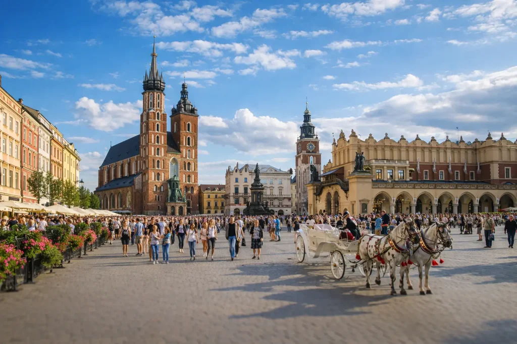 Kraków’s Rynek Główny showing St. Mary’s Basilica, the Cloth Hall and surrounding pastel‑coloured townhouses, with lively crowds walking across the sunlit square, horse‑drawn carriages waiting near the centre, and a clear blue sky above