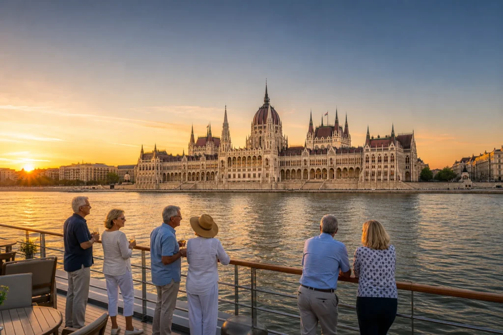 The illuminated Hungarian Parliament Building viewed from the water during a Three Countries Cruise.