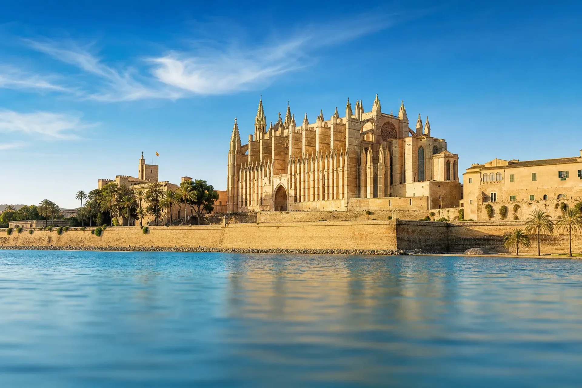 Italy, France, Spain-The golden Gothic Cathedral in Palma de Mallorca during a sunny Cannes Rome Majorca cruise stop.