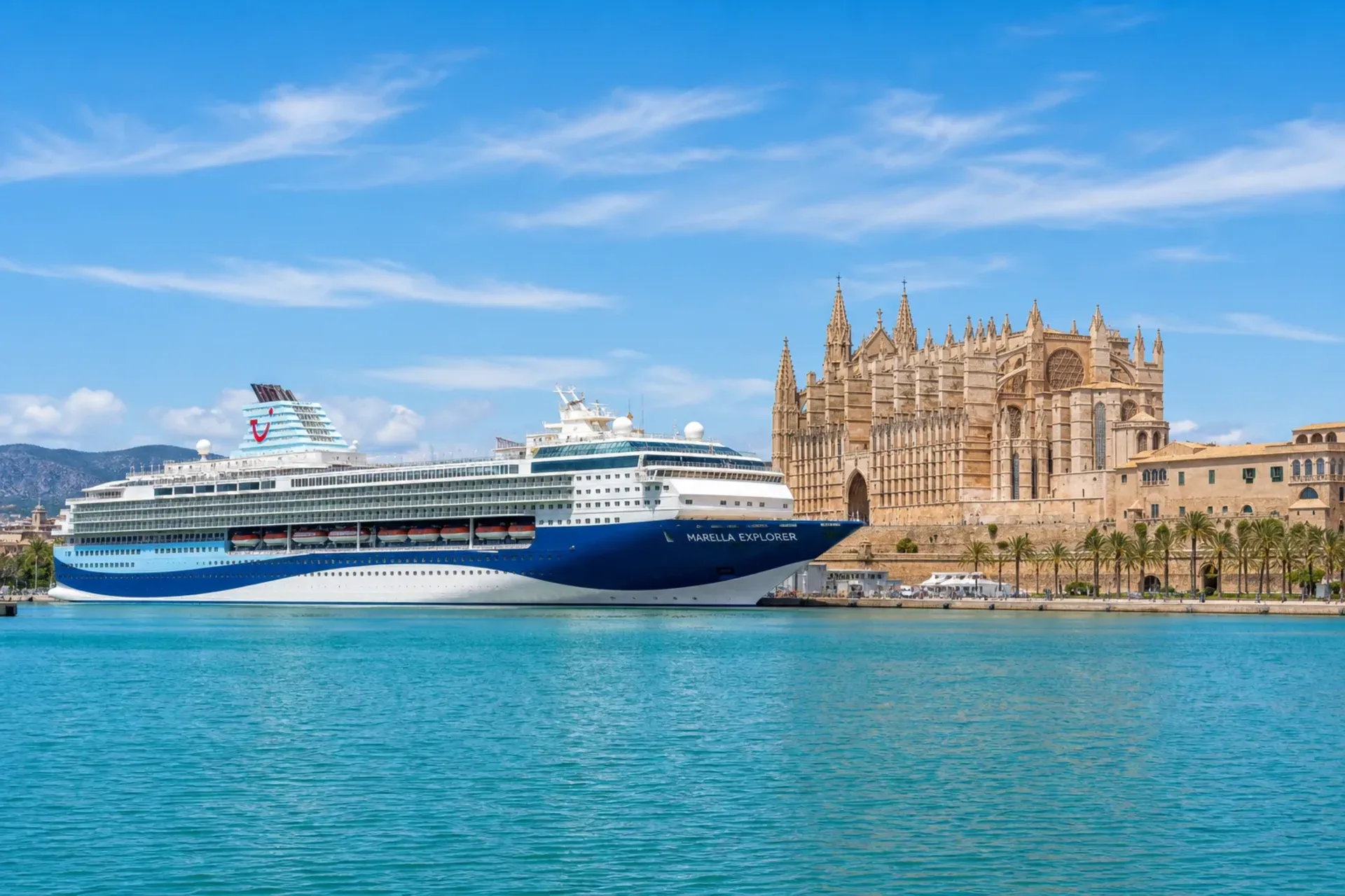 Mediterranean-Marella Explorer cruise ship docked in Palma harbour for the Coasts of the Med all inclusive tour.