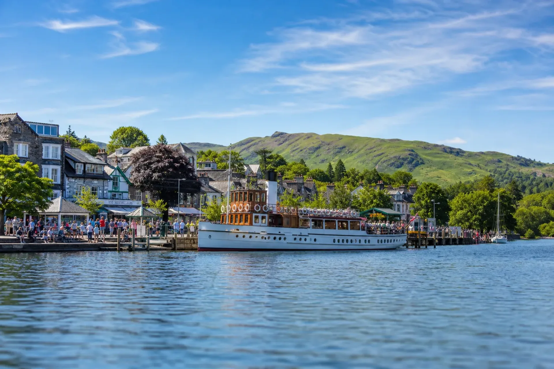 England-A traditional lake steamer boat on Lake Windermere in England, a highlight of our English Lake District tour.