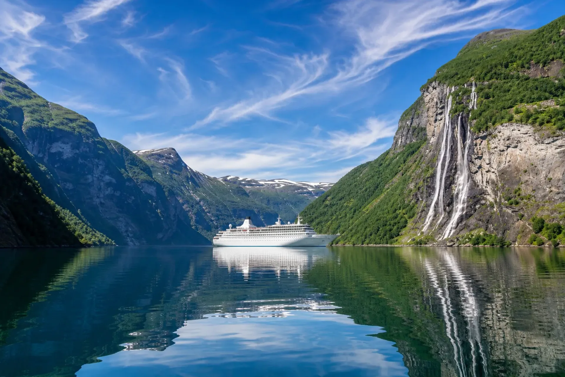 Norway-The majestic Geirangerfjord mountains and waterfall as seen during a Fjordland cruise from Belfast.