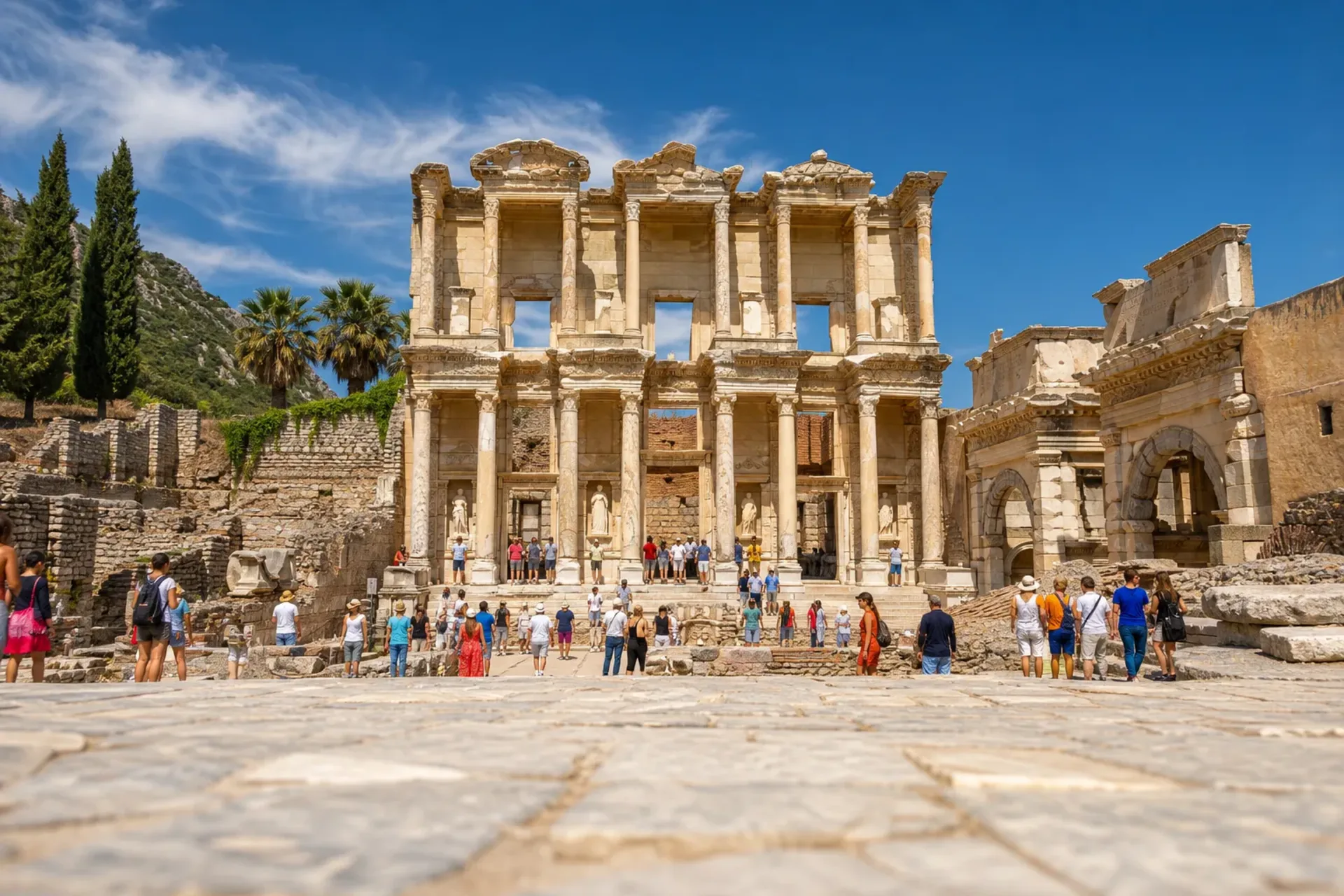 Greece-A bustling crowd of travellers visiting the ancient Library of Celsus in Ephesus during a Greece Malta Turkey tour.