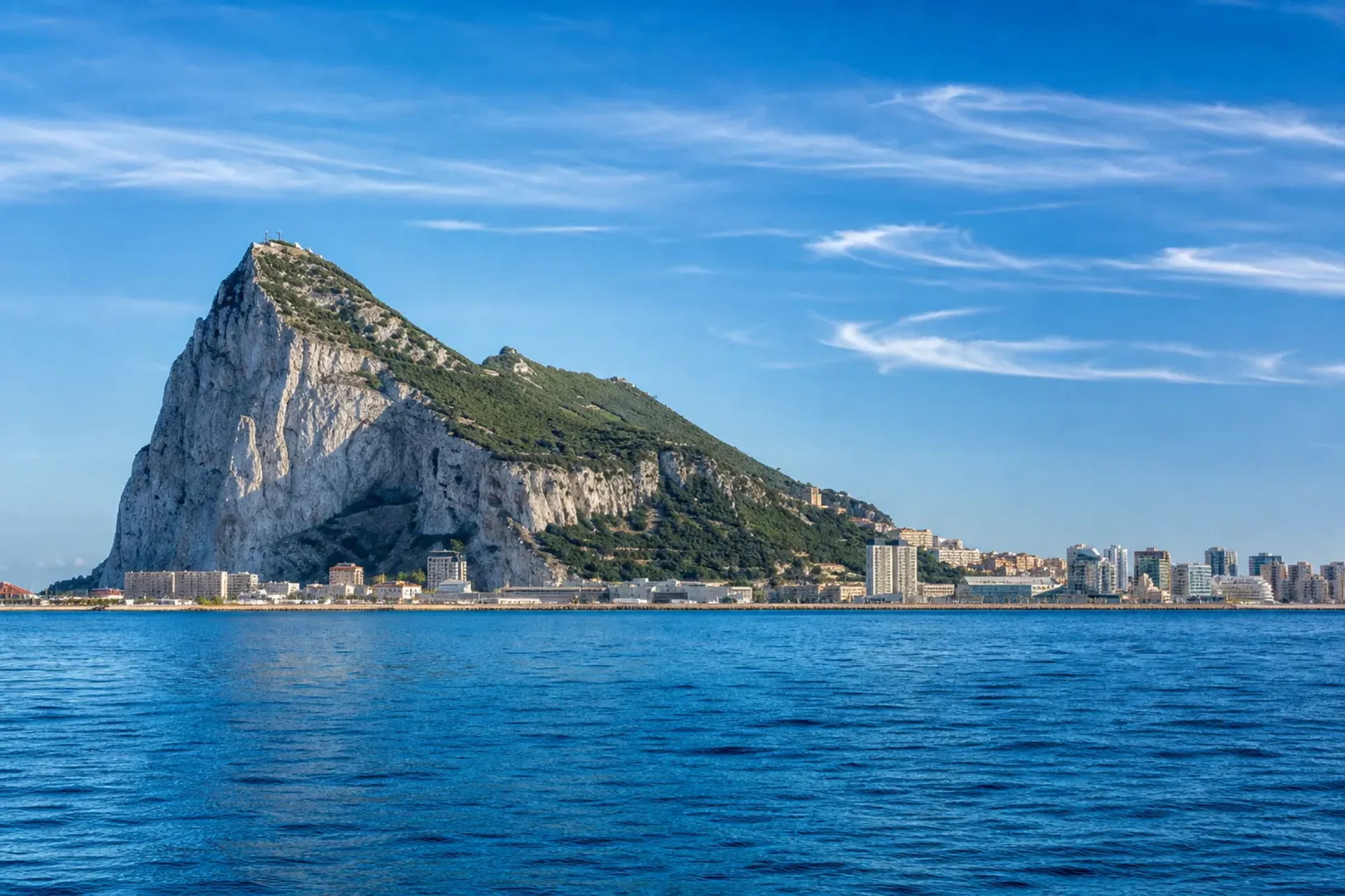 Portugal and Spain-A bright and sunny panoramic view of the Rock of Gibraltar taken during a Lisbon to Barcelona cruise.