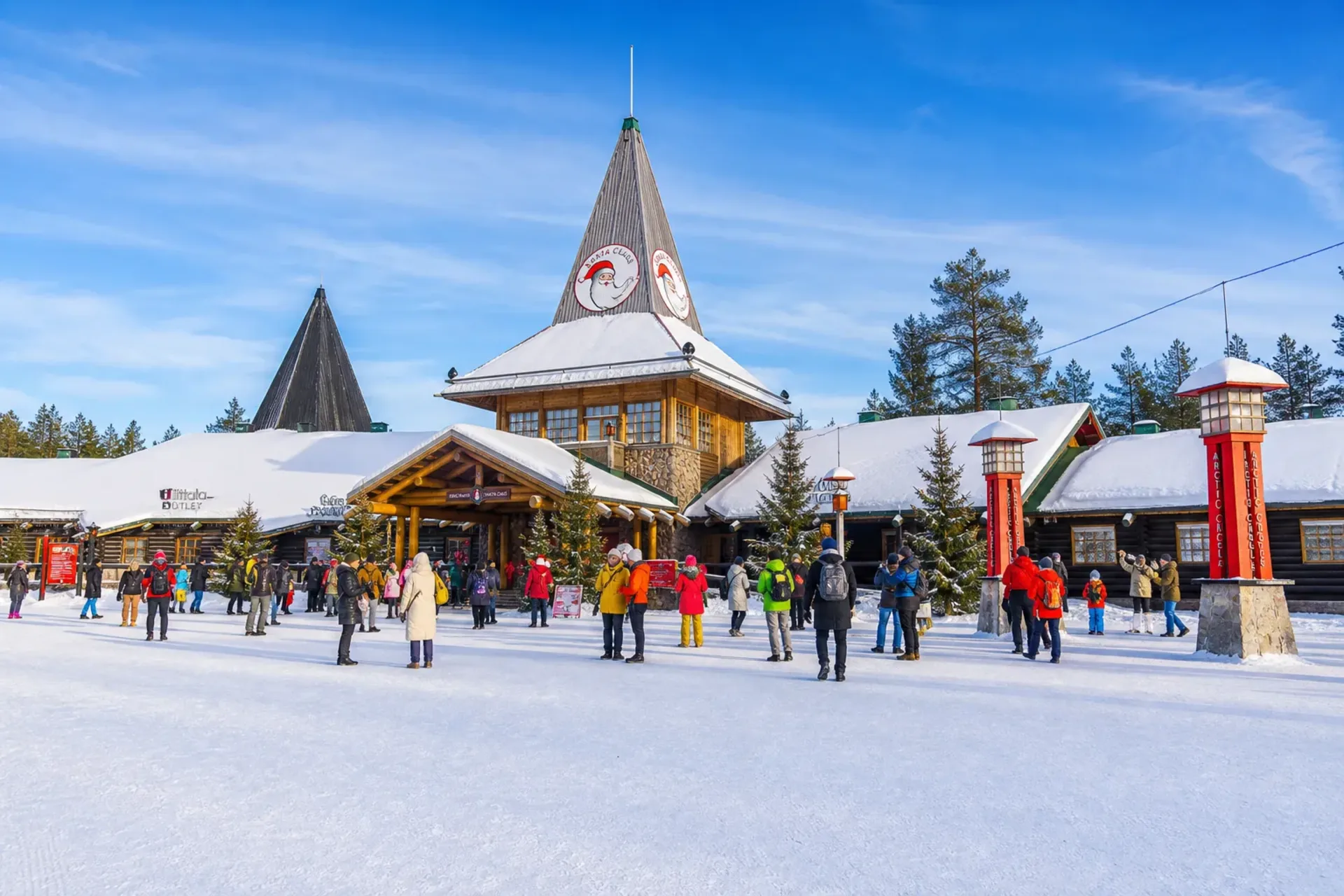 Finland-A snowy winter scene at Santa Claus Village during a Sleighbell Spectacular stay in Rovaniemi.
