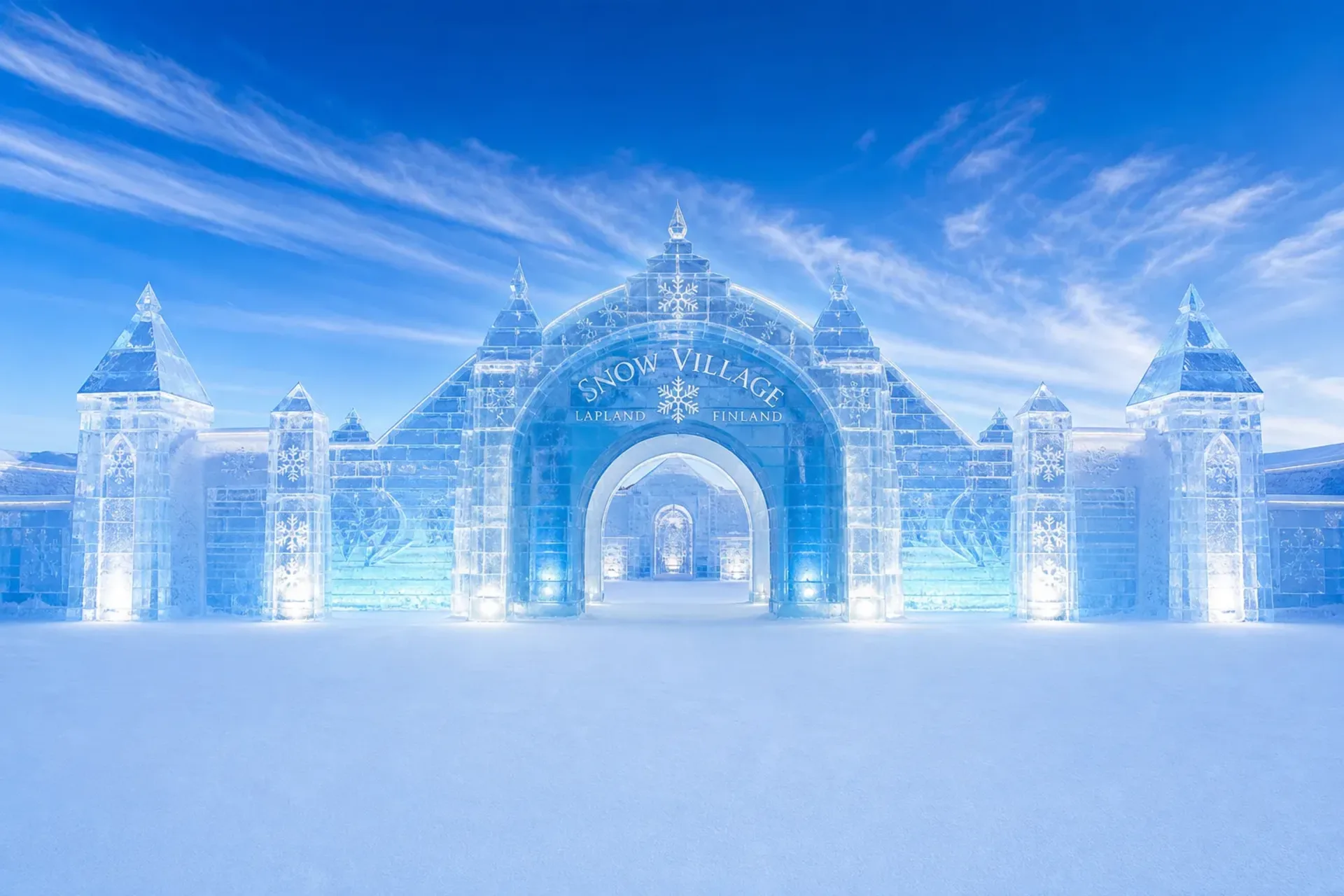 Finland-The illuminated ice entrance of the Snow Village during a Winter Wonderland Santa trip in Lapland.